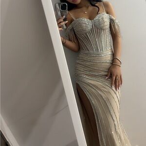 Elegant Off-Shoulder Beaded Evening Gown